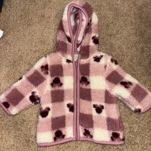 Purple and white fleece/fuzzy Disney mini mouse jacket for newborn.